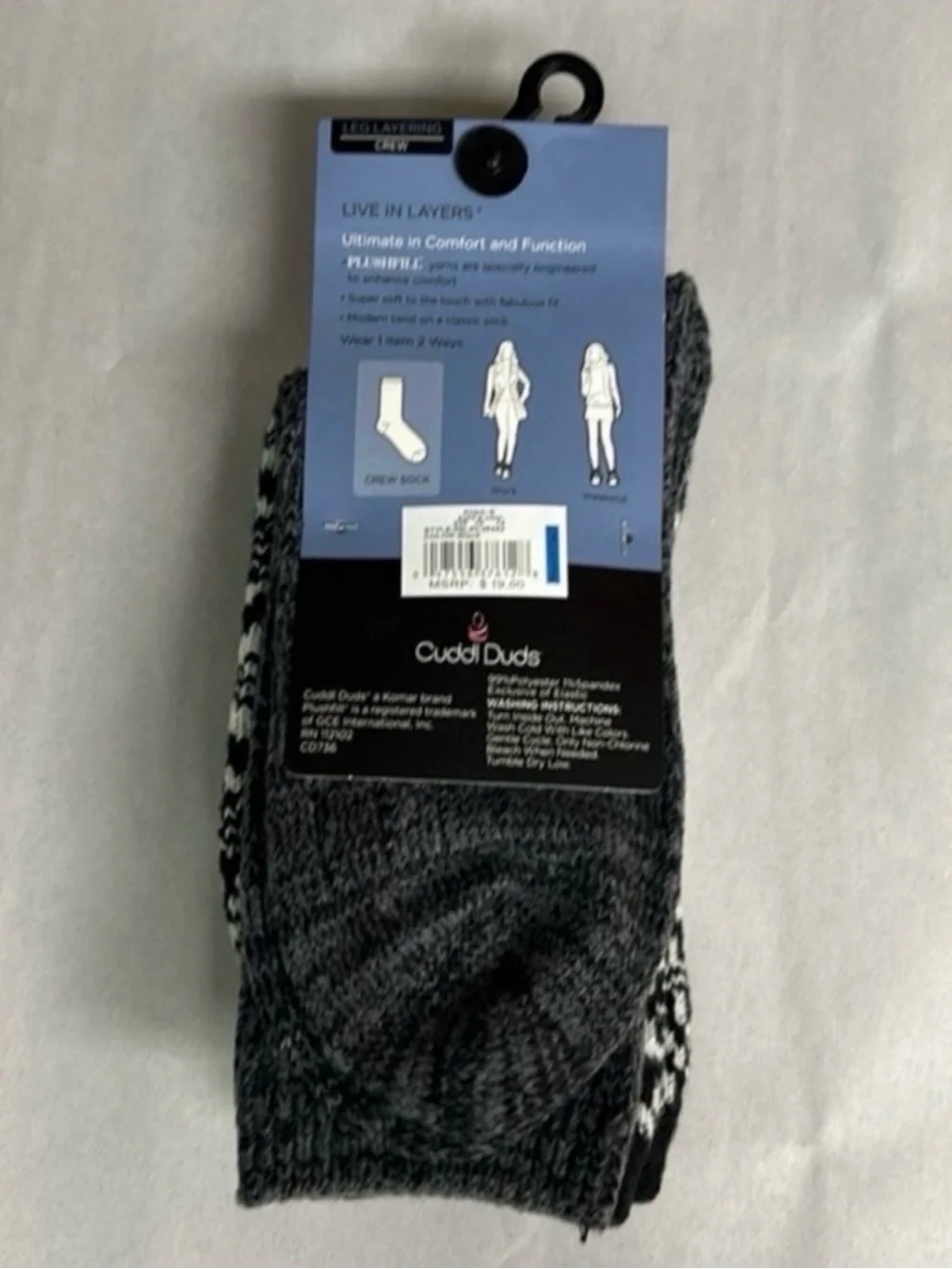 New Cuddl Duds Socks Women’s 2 Pair Black & White Soft Leg Layering Crew Casual